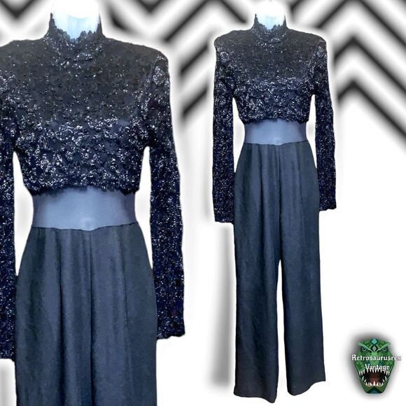 VINTAGE Lew Magram New York Black Metallic Lace Mesh Midriff Formal Pantsuit, Si - Picture 1 of 8